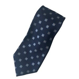 Lands End Dark Blue Silk Tie Geometric Floral Print Career Classic